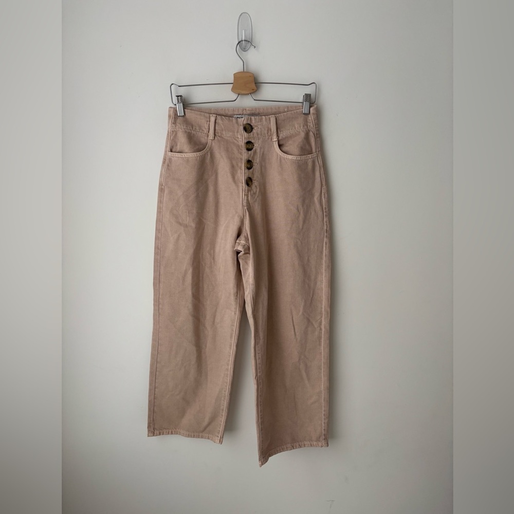 ZARA High Waisted Button Fly Pants Beige Straight Leg Cropped Size 6